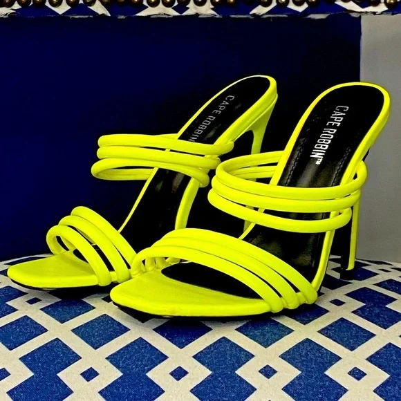 Neon yellow Cape Robbin strappy bright heeled mules - Picture 3 of 9